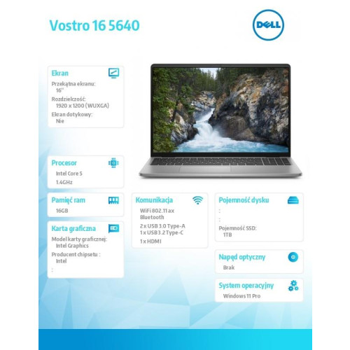 Notebook Vostro 16 (5640) Win11Pro 5-120U/16GB/1TB SSD/16.0 FHD+/Intel Graphics/WLAN+BT/Backlit Kb/4 Cell/3YPS-11315527