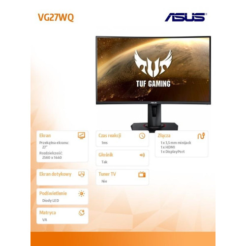 Monitor 27 cali VG27WQ WQHD 165Hz HDMI DP 1500R HDR400 1 ms 400cd/m2 PIVOT Głośnik-1134464