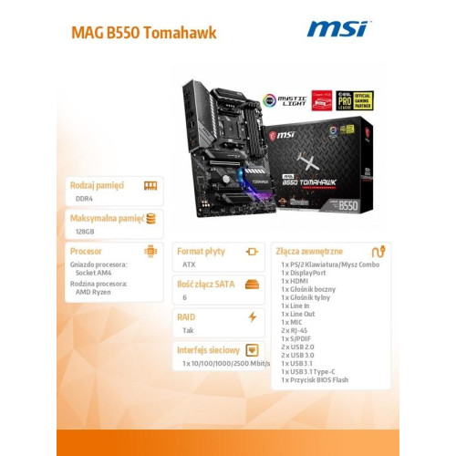 Płyta główna MAG B550 TOMAHAWK AM4 4DDR4 DP/HDMI M.2 ATX-1145571