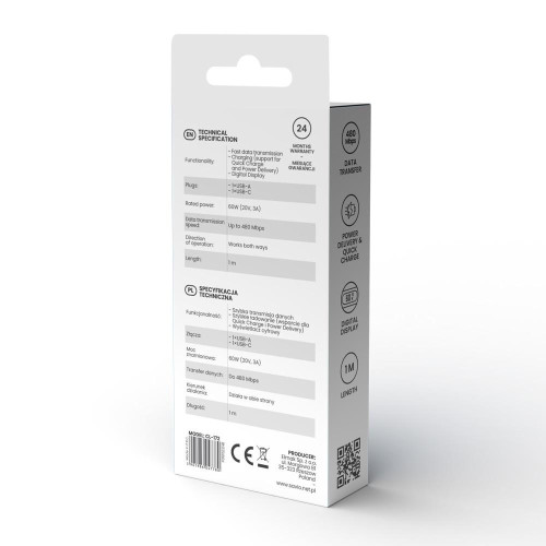 Kabel USB - USB C z wyświetlaczem, 60W, 1m, CL-172-11823403