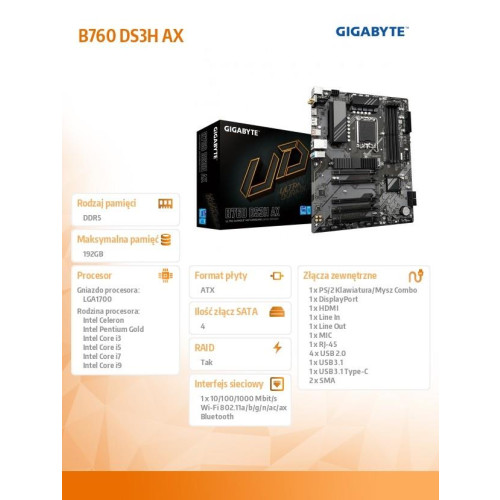 Płyta główna B760 DS3H AX s1700 4DDR5 DP/HDMI ATX-11829592