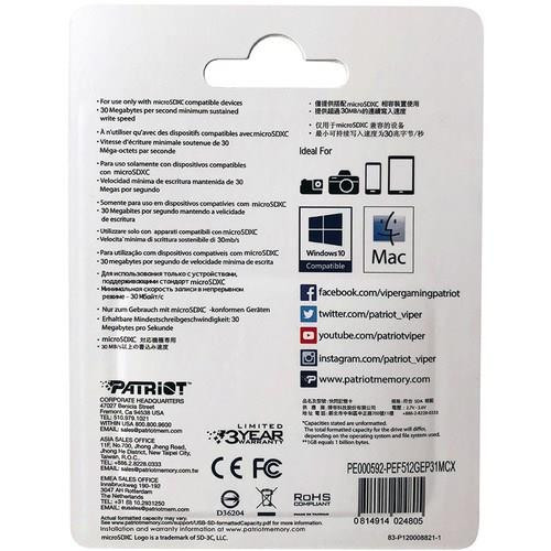 Karta pamięci z adapterem Patriot Memory EP Pro PEF512GEP31MCX (512GB; Class 10, Class A1, Class U3, V30; Adapter, Kart