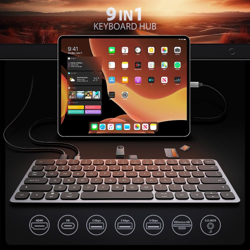 HMC-KB-US Klawiatura USB-C 5Gbps z wieloportowy hub 9in1, SD/microSD, 3x USB-A, HDMI 4K/60Hz, PD 100W, Audio, US layout,