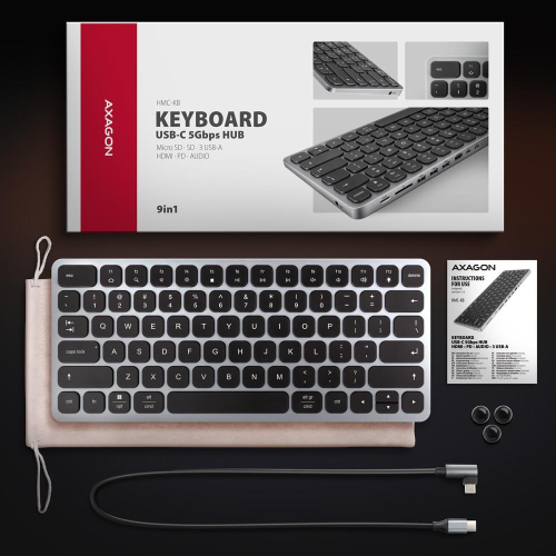 HMC-KB-US Klawiatura USB-C 5Gbps z wieloportowy hub 9in1, SD/microSD, 3x USB-A, HDMI 4K/60Hz, PD 100W, Audio, US layout,