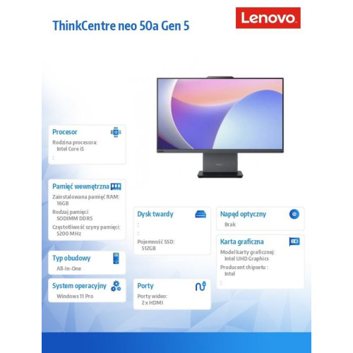 Komputer All-in-One ThinkCentre neo 50a G5 12SB0015PB W11Pro i5-13420H/16GB/512GB/INT/27.0 FHD/3YRS OS-12421088
