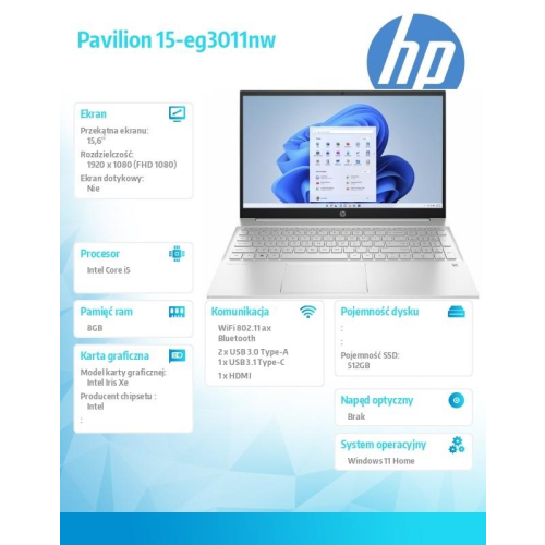 Notebook Pavilion 15-eg3011nw W11H/15.6/i5-1335U/512GB/8GB 9Z0A7EA-12421601