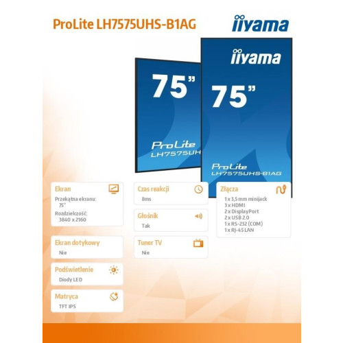 Monitor 75 cali LH7575UHS-B1AG, 24/7,IPS,ANDROID.11,4K,500cd/m2,WiFi,3xHDMI,DP,Daisy/Chain,2xUSB,2x10W,RJ45,iiSignage2,F