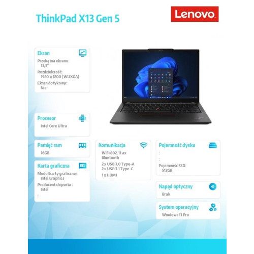 Ultrabook ThinkPad X13 G5 21LU000QPB W11Pro Ultra 5 125U/16GB/512GB/INT/13.3 WUXGA/Black/3YRS Premier Support + CO2 Offs