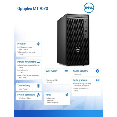 Komputer Optiplex MT/Core i5-14500/16GB/512GB SSD/Integrated/DVD RW/No Wifi/Kb/Mouse/W11Pro-12425091