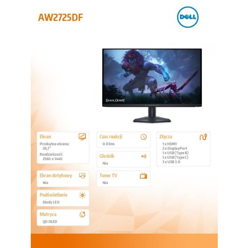 Monitor AW2725DF 27 cali AMD FreeSync/QD-OLED/360Hz/QHD(2560x1440)/16:9/DP/HDMI/USB-C/USB/3Y-12427930