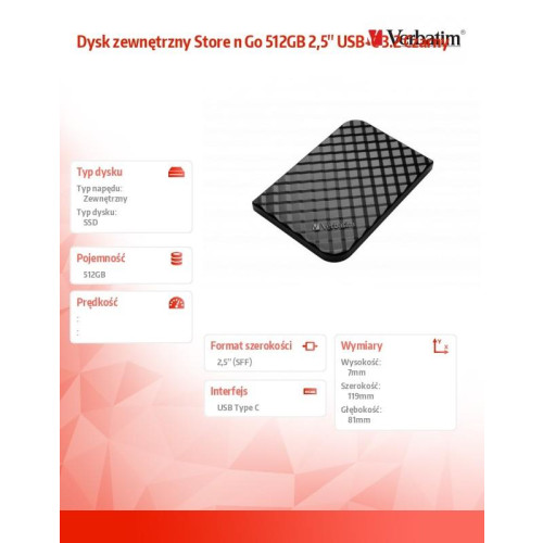 Dysk zewnętrzny Store n Go 512GB 2,5'' USB-C 3.2 Czarny -1246024