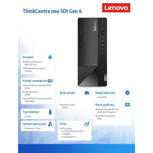 Komputer ThinkCentre Neo 50t G4 TWR 12JB000NPB W11Pro i7-13700/16GB/512GB/INT/DVD/3YRS OS-12725230
