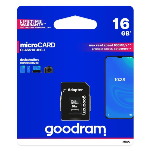 Karta pamięci GoodRam M1AA-0160R12 (16GB; Class 10, Class U1; Adapter, Karta pamięci)-1302319