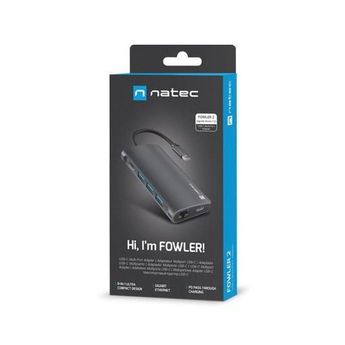 MULTIPORT ADAPTER NATEC FOWLER 2 V2 USB-C 8W1 HUB ->USB 3.0 3X, HDMI 4K, USB-C, RJ45, SD, MICRO SD-13044556