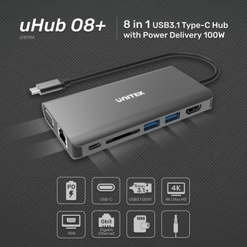 UNITEK HUB 8W1 USB3.1 TYP-C, PD 100W, D1019A-1336743