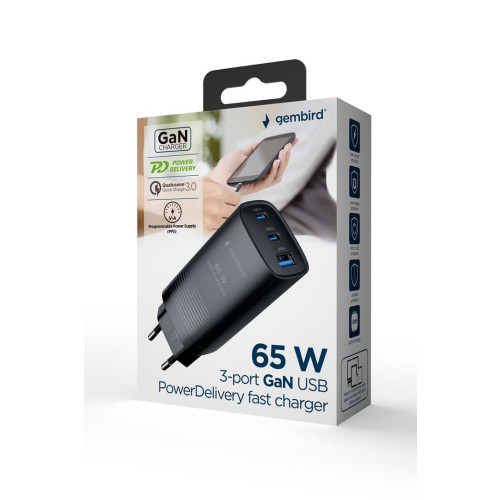 GEMBIRD SZYBKA ŁADOWARKA USB POWER DELIVERY USB TYPU C, 3X USB, 65 W, GAN CZARNA-13385579