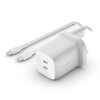 Ładowarka Belkin BoostCharge Pro Dual USB-C PD 3.0 PPS GaN Wall Charger 65W + USB-C to USB-C Cable 2m White