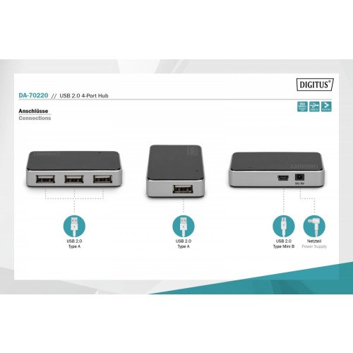 HUB/Koncentrator 4-portowy USB 2.0 HighSpeed, aktywny, czarno-srebrny-13456392