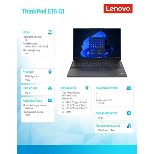 Laptop ThinkPad E16 G1 21JT000BPB W11Pro 7530U/16GB/512GB/AMD Radeon/16.0 WUXGA/Graphite Black/1YR Premier Support + 3YR