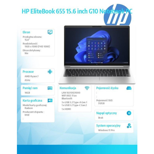 Notebook EliteBook 655 G10 R7-7730U 512GB/16GB/W11P/15.6 85D52EA-13458758