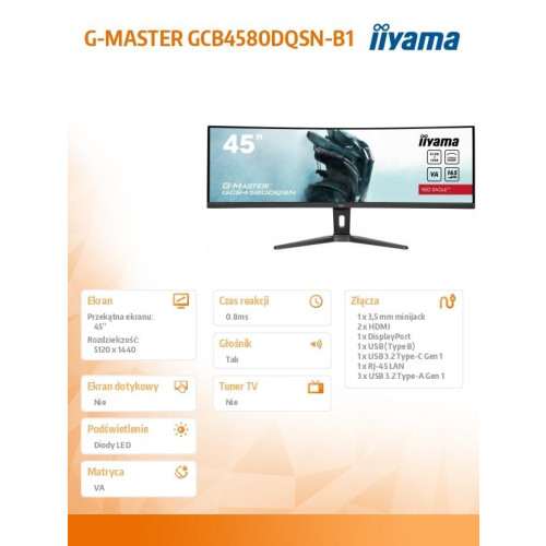 Monitor 45 cali G-Master GCB4580DQSN-B1, VA,DQHD,165HZ,USB-C-DOCK,RJ45,32:9, 1500R,450cd/m2,3000:1,0.8ms,3xUSB,2xHDMI,1