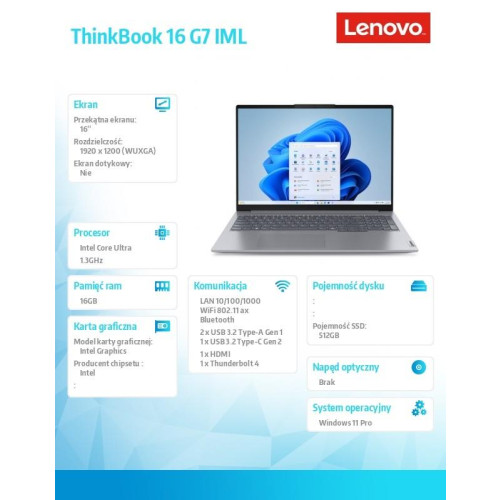 Notebook ThinkBook 16 G7 21MS007YPB W11Pro Ultra 5 125U/16GB/512GB/INT/16.0 WUXGA/Arctic Grey/3YRS OS + CO2 Offset-13459