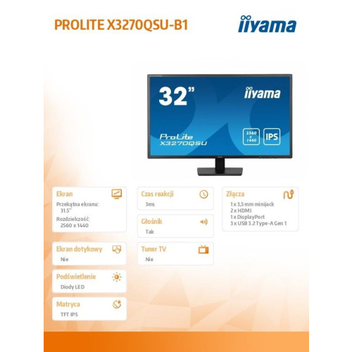 Monitor 32 cale X3270QSU-B1 IPS,WQHD,HDMI,DP,100Hz,250cd,3ms,2x2W, 3xUSB(3.2),FlickerFree,VESA-13460759