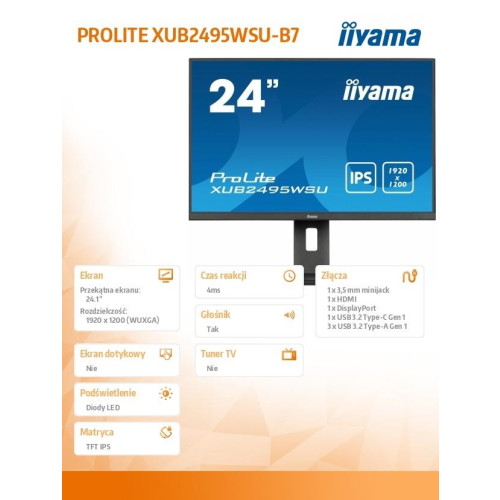 Monitor 24 cale XUB2495WSU-B7 IPS,16:10,300cd,4ms,HDMI,DP,3xUSB(3.2), 1xUSB-c,2x2W,FlickerFree,HAS(150mm)-13460762