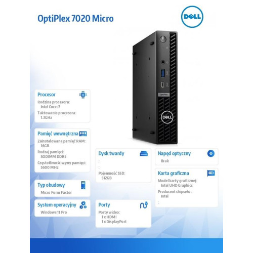 Komputer Optiplex MFF/Core i7-14700T/16GB/512GB SSD/Integrated/WLAN + BT/Kb/Mouse/W11Pro-13460824
