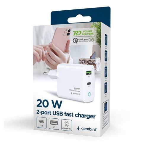 Ładowarka USB-A USB-C LED 20W PD QC3.0 biała-13462170