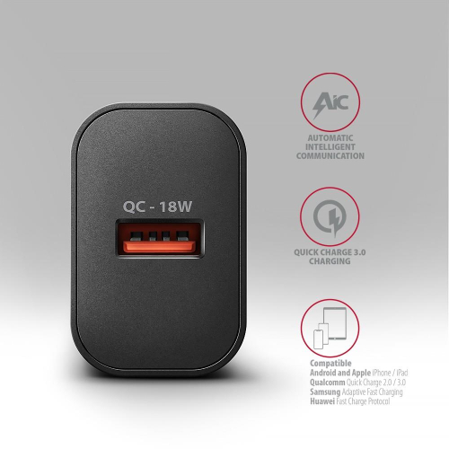 ACU-QC18 Ładowarka sieciowa QC 18W, 1x port USB-A, QC3.0/AFC/FCP/SMART Czarna-13465537