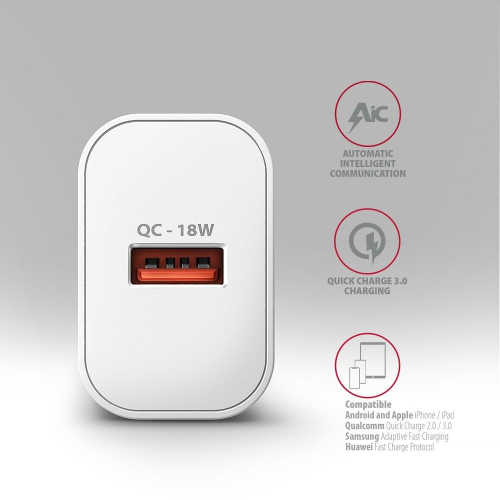 ACU-QC18W Ładowarka sieciowa QC 18W, 1x port USB-A, QC3.0/AFC/FCP/SMART Biała-13465545