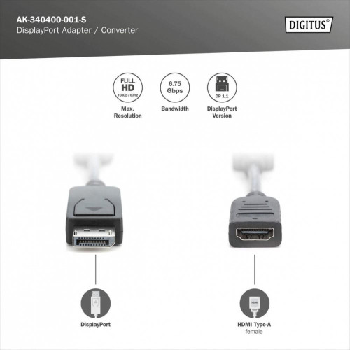 Kabel adapter Displayport z zatrzaskiem 1080p 60Hz FHD Typ DP/HDMI A M/Ż czarny 0,15m-13631792