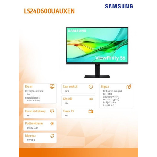 Monitor 24 cale ViewFinity S60UD IPS 2560x1440 WQHD 16:9 1xHDMI 2xDP(In+Out) 1xUSB-C 90W 3xUSB 3.0 LAN KVM 5ms PinP/PbyP