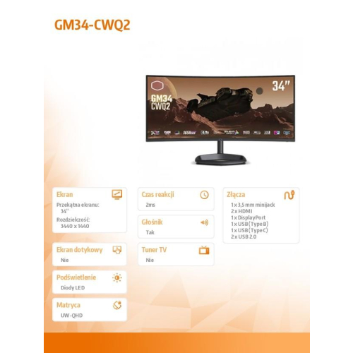Monitor 34 cale GM34-CWQ2 UWQHD 180 Hz HDMI DP USB-C USB-B kontrola wysokości 0-80 mm Głośnik-13635143
