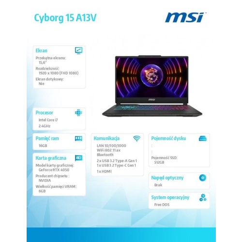 Notebook Cyborg 15 A13VE-1067XPL nOS/i7-13620H/16GB/512SSD/RTX4050/15.6 cali-13635683