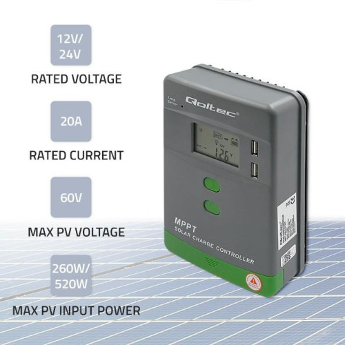 Solarny regulator ładowania MPPT z czujnikiem temperatury 20A | 12V / 24V | LCD | 2 x USB-13635792