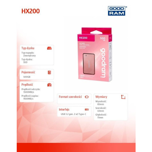 Dysk SSD HX200 500GB USB-C+A 1500/900MB/s różowe złoto-13636230