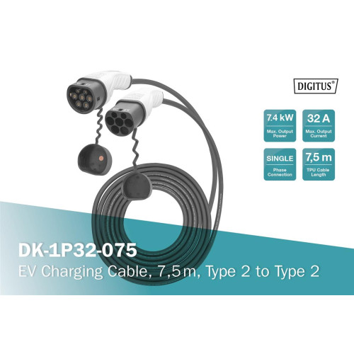 Digitus Kabel do ładowania pojazdów elektrycznych EV, Typ2-Typ2, jednofazowy 230V, 32A, 7.4kW, 7,5m-13794334
