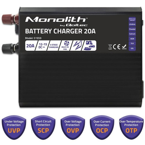 Qoltec Inteligentna ładowarka Monolith do akumulatorów LiFePO4 AGM GEL SLA, 20A, 12V-13977065