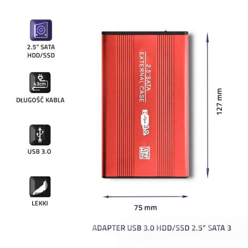 Obudowa na dysk HDD/SSD 2.5 cala SATA3 | USB 3.0 | Czerwona-1412927