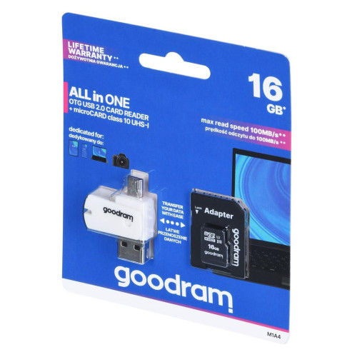 Karta pamięci z adapterem i czytnikiem kart GoodRam All in one M1A4-0160R12 (16GB; Class 10; Adapter, Czytnik kart Micr