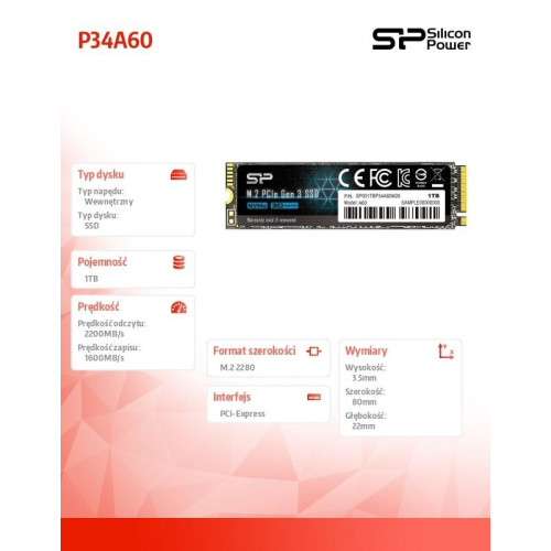 Dysk SSD P34A60 1TB PCIE M.2 NVMe 2200/1600 MB/s-1420366
