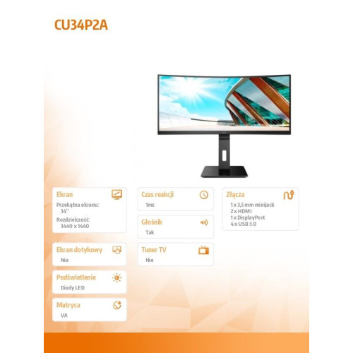 Monitor CU34P2A 34 cale VA Curved 100Hz HDMIx2 DP regulacja wysokości-1421815