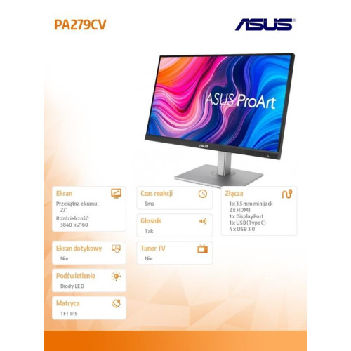 Monitor 27 cali PA279CV ProArt IPS 4K UHD 100%sRGB 100MLN/1 HDMI DP USB-C USB3.0x4 Głośnik PIVOT-1425726