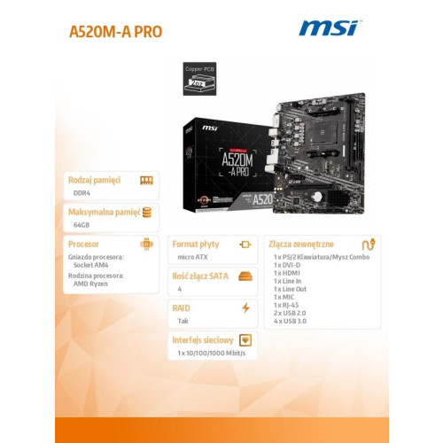 Płyta główna A520M-A PRO AM4 2DDR4 DVI/HDMI USB 3.2 mATX -1436738