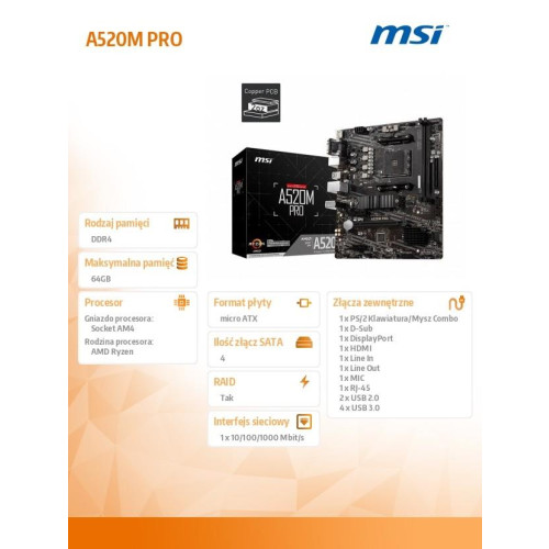 Płyta główna A520M PRO AM4 2DDR4 DP/VGA/HDMI USB 3.2 mATX-1436739