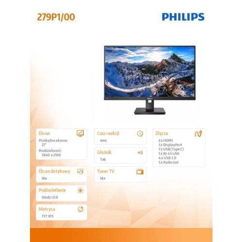 Monitor 279P1 27 cali IPS 4K HDMIx2 DP USB-C Pivot -1436891
