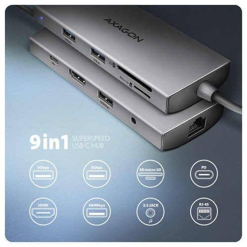 AXAGON HMC-8HLSA Wieloportowy koncentrator USB-C 3.2 Gen 1, 3x USB-A + 4K/60Hz HDMI + SD/microSD, Gigabit LAN, Audio, PD