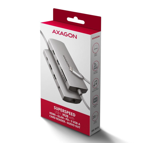 AXAGON HMC-8HLSA Wieloportowy koncentrator USB-C 3.2 Gen 1, 3x USB-A + 4K/60Hz HDMI + SD/microSD, Gigabit LAN, Audio, PD